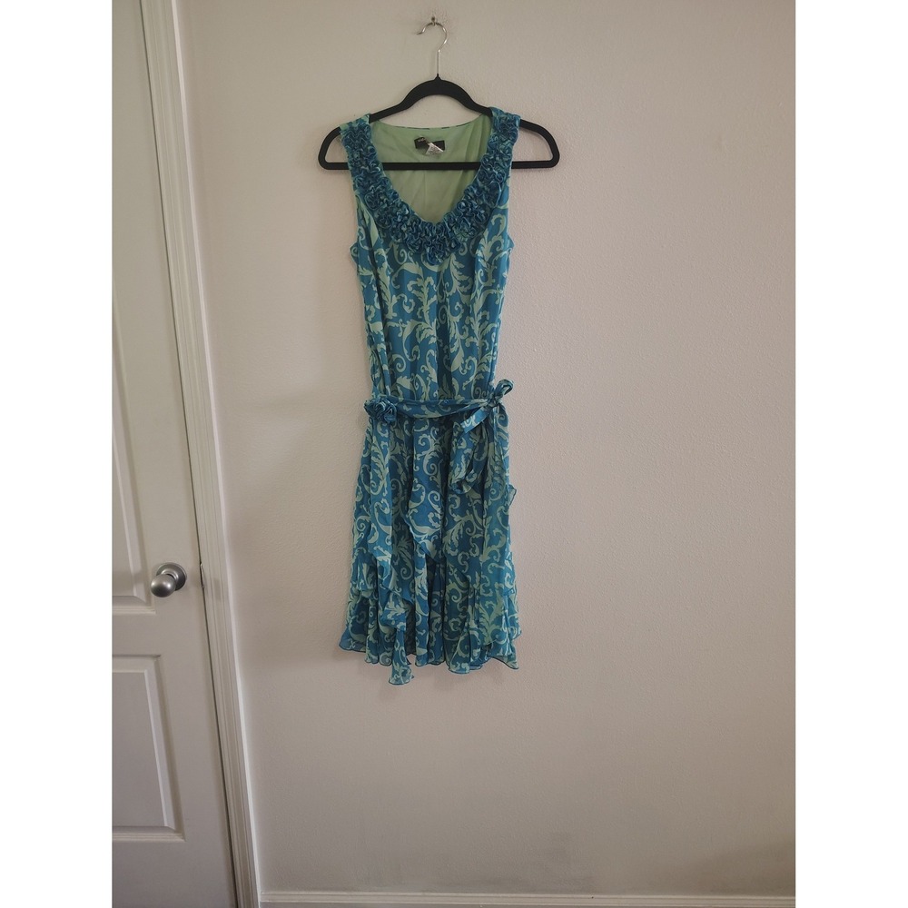 Signature by Robbie Bee Teal Green Ruffle Rosette Damask Chiffon Dress Size 4‎